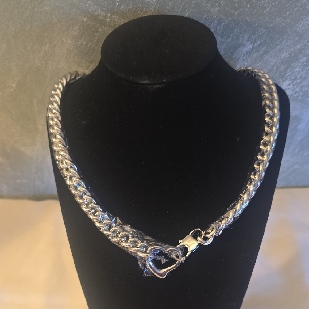 Womens Choker Chain Link Adjustable Heart Necklace Stainless Steel 20in New